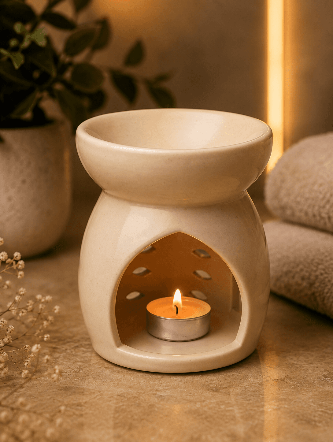 SOLACE — Cream Ceramic Tea Light Aroma Diffuser